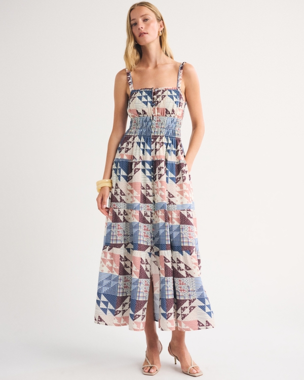Bra-Free Button-Through Smocked Maxi Dress, Blue Pattern view 1