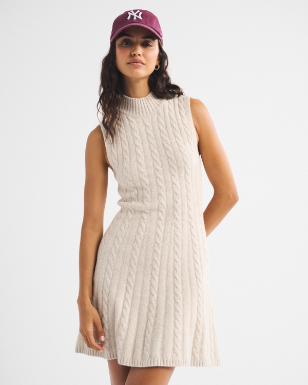 Mock Neck Cable Mini Sweater Dress, Beige view 2