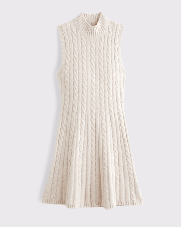 Mock Neck Cable Mini Sweater Dress, Beige view 1