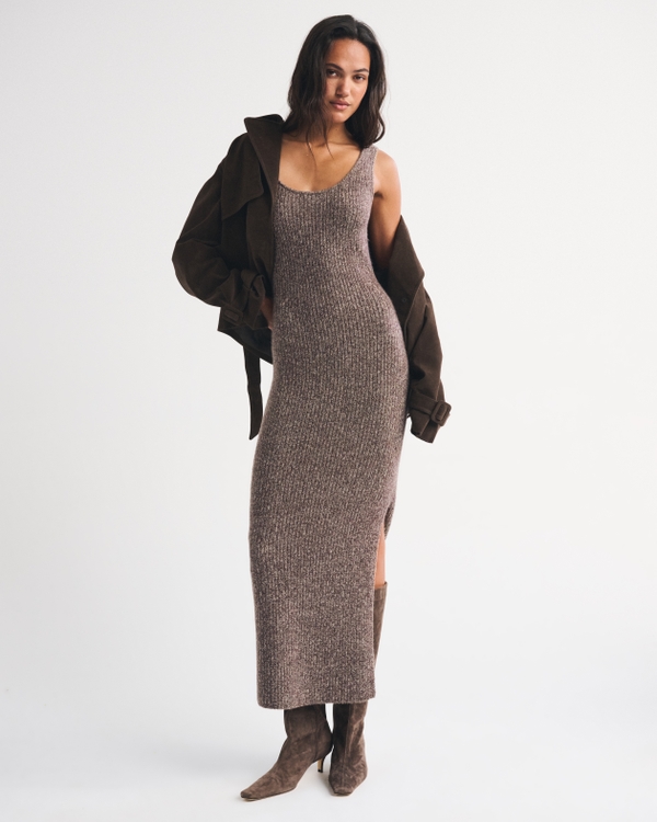 Merino Wool-Blend Scoop Neck Maxi Sweater Dress, Brown view 1