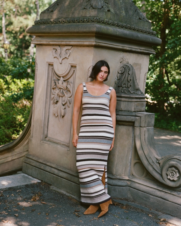 Merino Wool-Blend Scoop Neck Maxi Sweater Dress, Brown Multi Stripe view 1