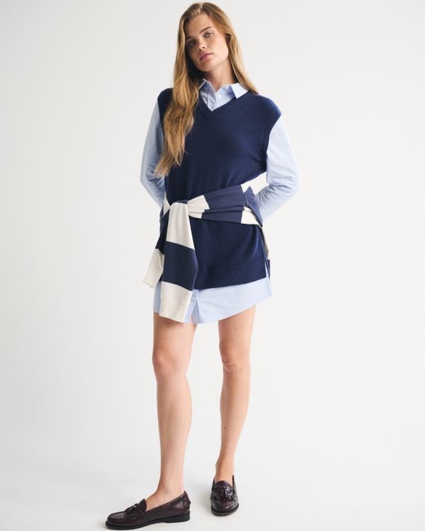 Merino Wool-Blend Layered Collared Sweater Mini Dress, Blue view 2