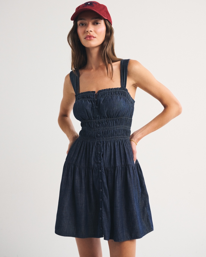 Chambray Bra-Free Button-Through Smocked Mini Dress - thumbnail 2
