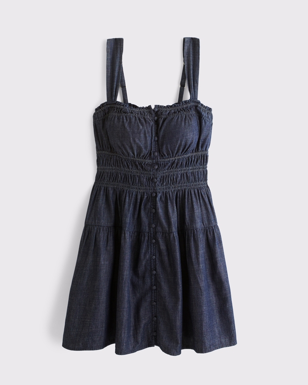 Chambray Bra-Free Button-Through Smocked Mini Dress, Dark Wash view 1