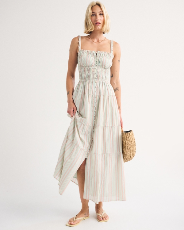 Bra-Free Button-Through Smocked Maxi Dress, Light Green Stripe view 1