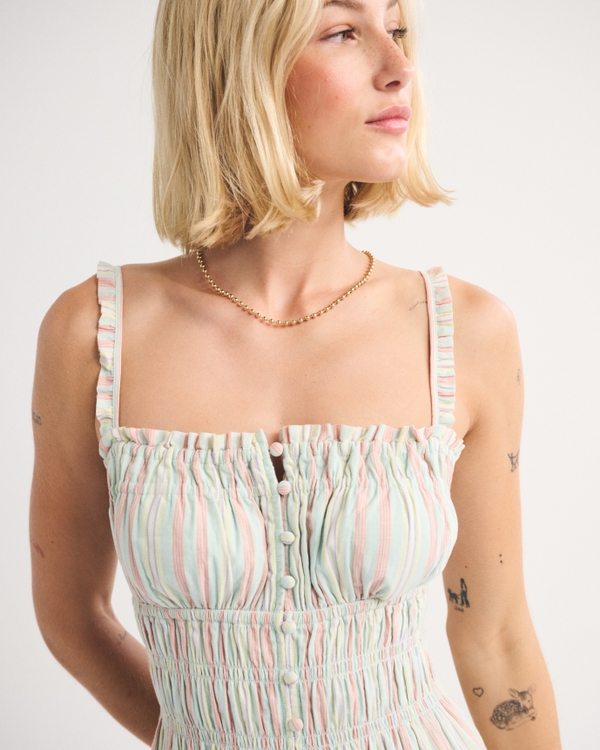 Bra-Free Button-Through Smocked Maxi Dress, Light Green Stripe view 2