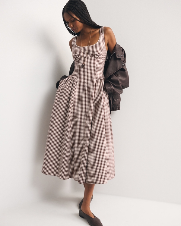 100% Cotton A&F Bra-Free Dylan Midi Dress, Mahogany Pattern view 1