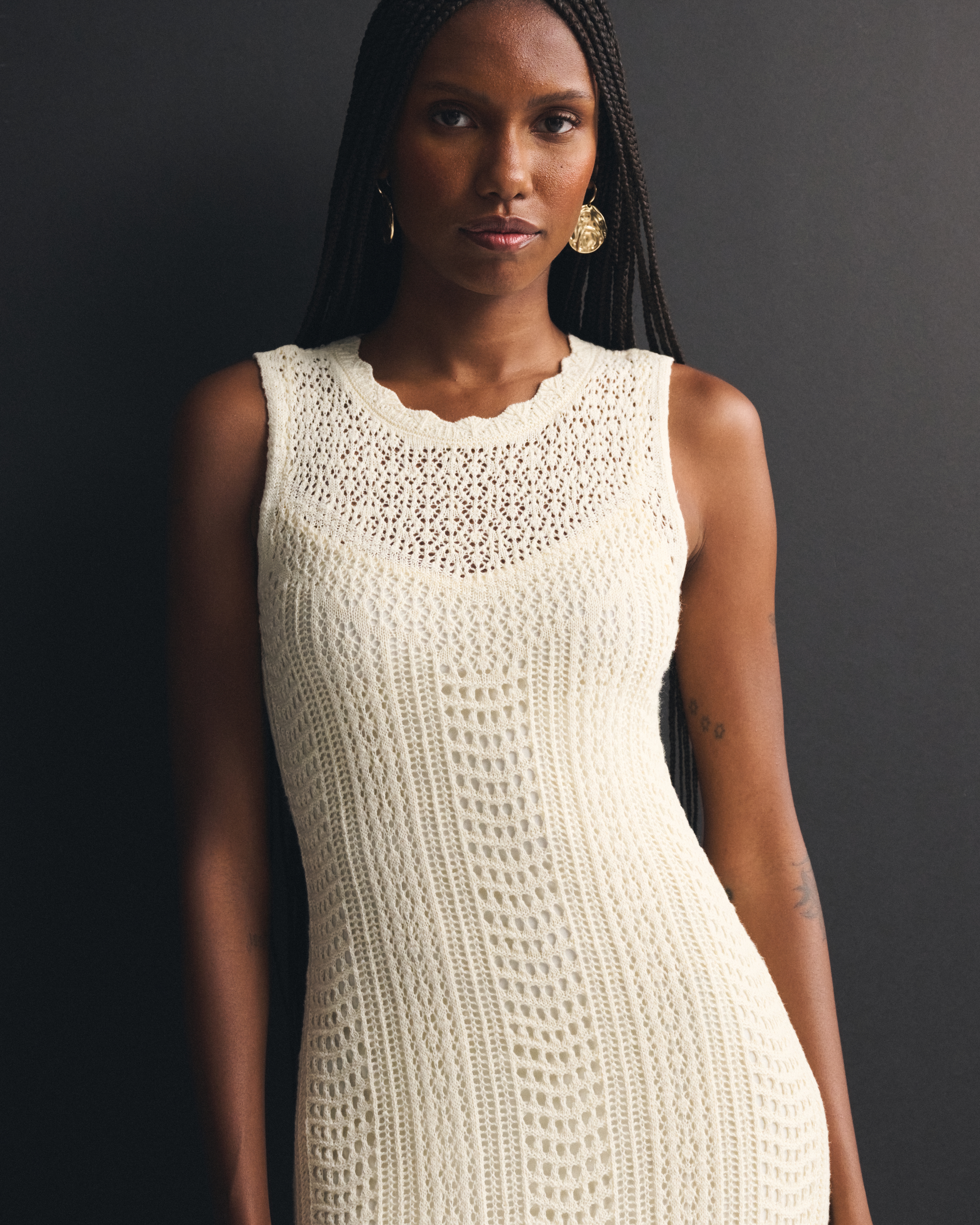 Женское платье Abercrombie & Fitch 100% Cotton Crochet-Style Midi Sweater Dress, цвет: Тёплый бежевый — фото 3