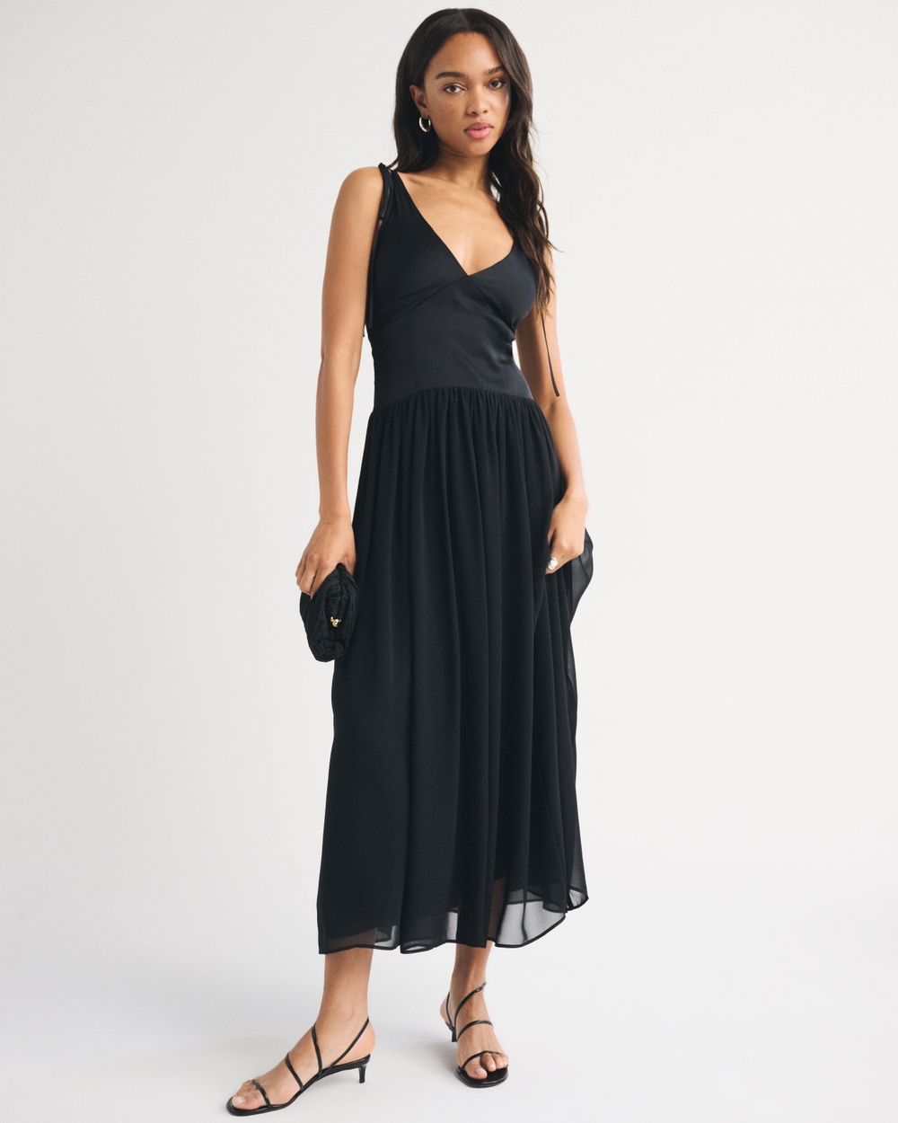 Bra-Free Crepe and Satin Tie-Strap Maxi Dress