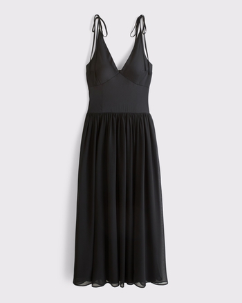 Bra-Free Crepe and Satin Tie-Strap Maxi Dress