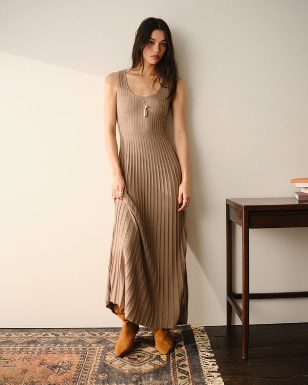 Pleated Midi Sweater Dress, Taupe Gray view 1