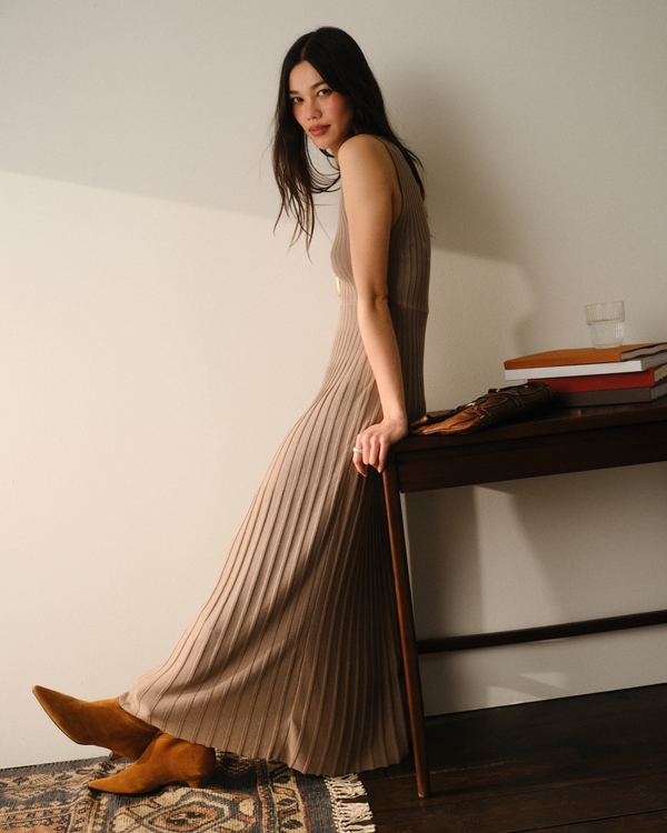 Pleated Midi Sweater Dress, Taupe Gray view 2