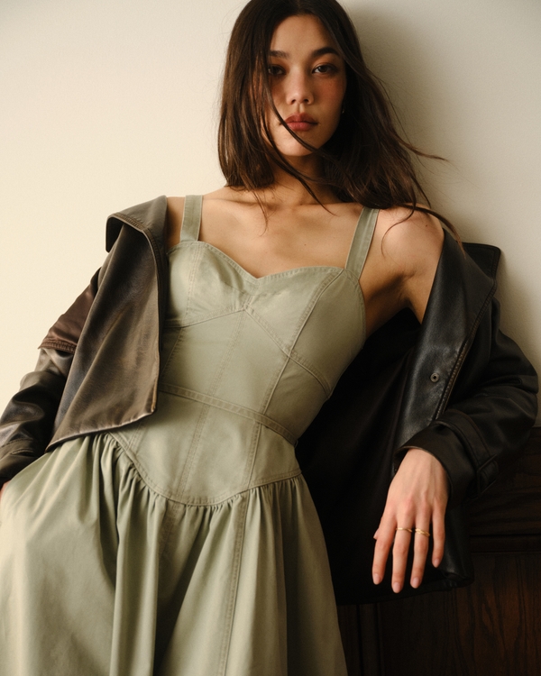 Twill Corset Midi Dress, Slate Green view 2