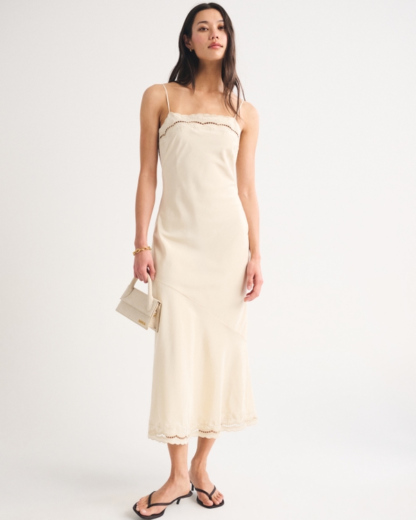 Cotton-Silk Blend Cutwork Slip Dress, Warm Ivory view 1