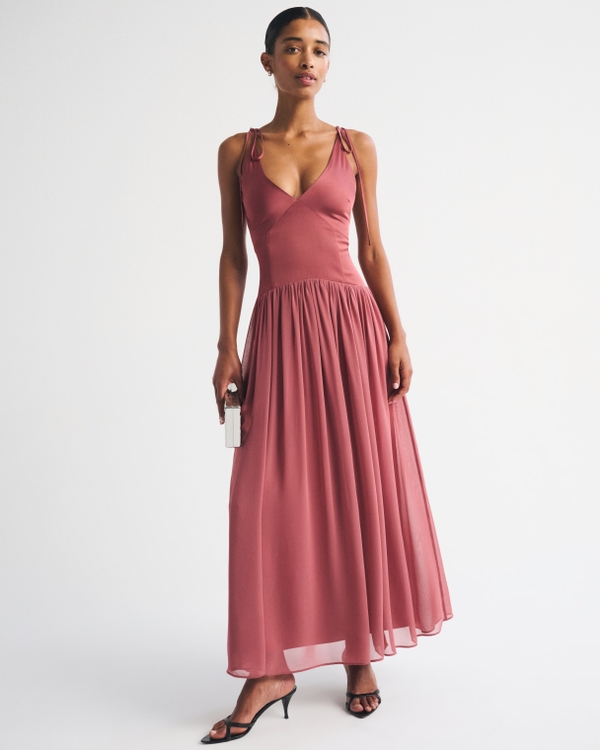 Bra-Free Crepe and Satin Tie-Strap Maxi Dress