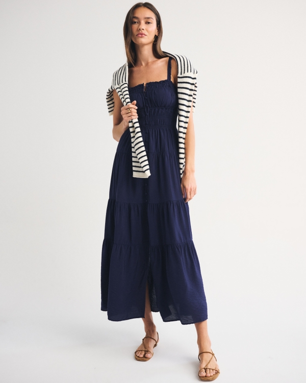 Bra-Free Button-Through Smocked Maxi Dress, Navy view 1