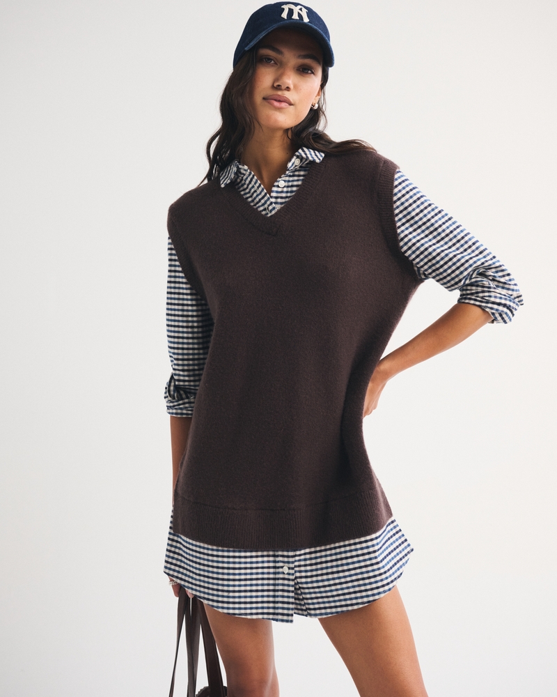 Merino Wool-Blend Layered Collared Sweater Mini Dress - thumbnail 2