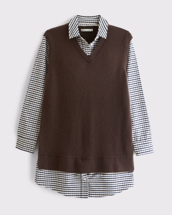 Merino Wool-Blend Layered Collared Sweater Mini Dress