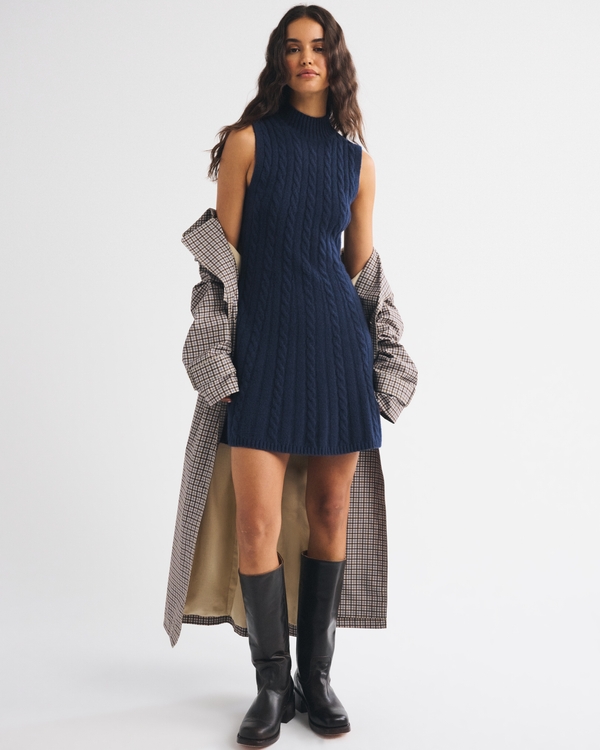 Cable Mock Neck Mini Sweater Dress, Dark Indigo view 1
