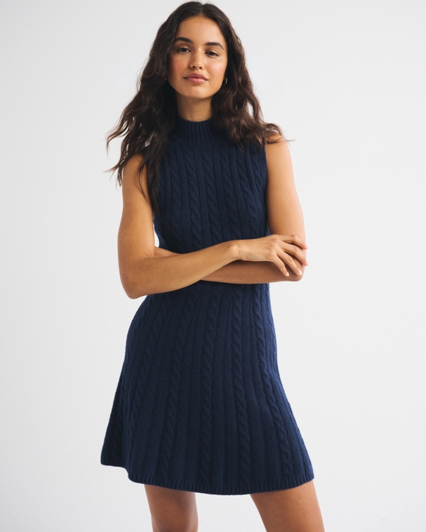 Cable Mock Neck Mini Sweater Dress, Dark Indigo view 2