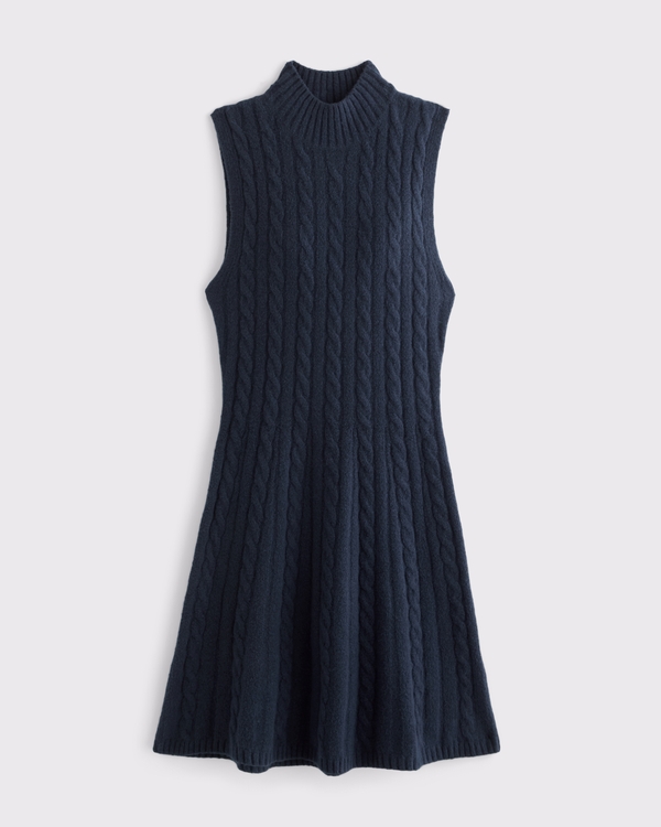 Cable Mock Neck Mini Sweater Dress, Dark Indigo view 1