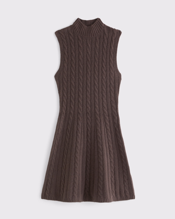 mini brown sweater dress Women's Mock Neck Cable and cuffs OVERSKIRT navy blue cute dress Gown Length:62