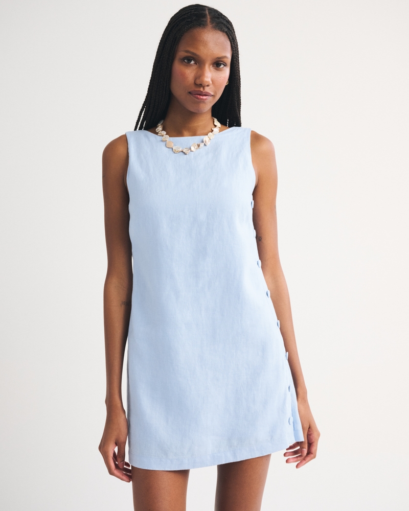 sleeveless shift dress of pale blue linen Light Blue Linen Blend Mini Dress - Shift Dresses