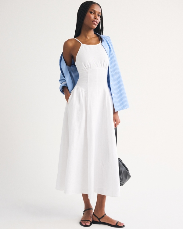 100% Linen A&F Dylan Halter Midi Dress, White view 1