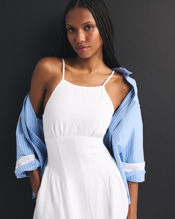 100% Linen A&F Dylan Halter Midi Dress, White view 2