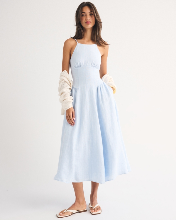 100% Linen A&F Dylan Halter Midi Dress, Powder Blue Stripe view 1