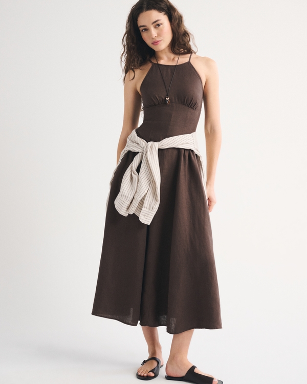 100% Linen A&F Dylan Halter Midi Dress, Brown view 1