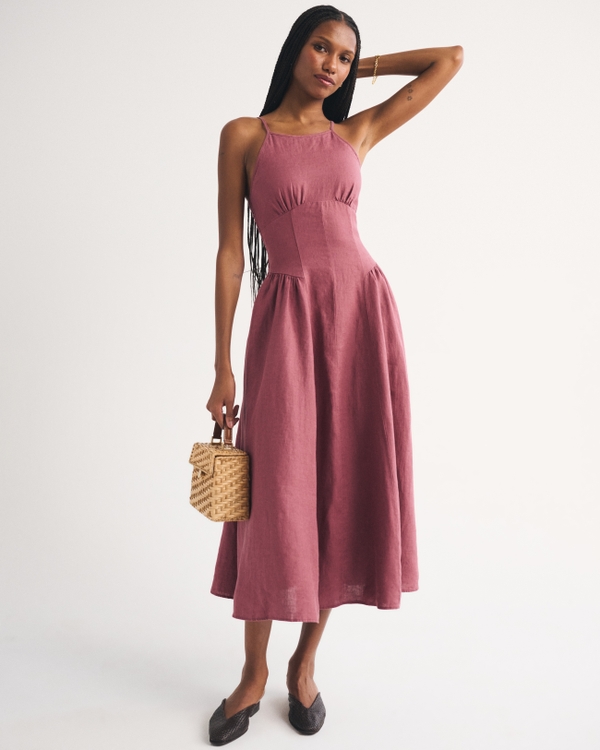 100% Linen A&F Dylan Halter Midi Dress, Cool Blush view 1