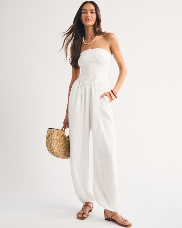 A&F Sydney Smocked Strapless Balloon Leg Jumpsuit, Off-white view 1