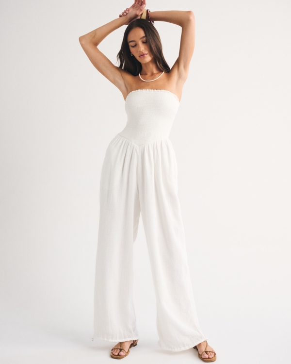 A&F Sydney Smocked Strapless Balloon Leg Jumpsuit, Off-white view 2
