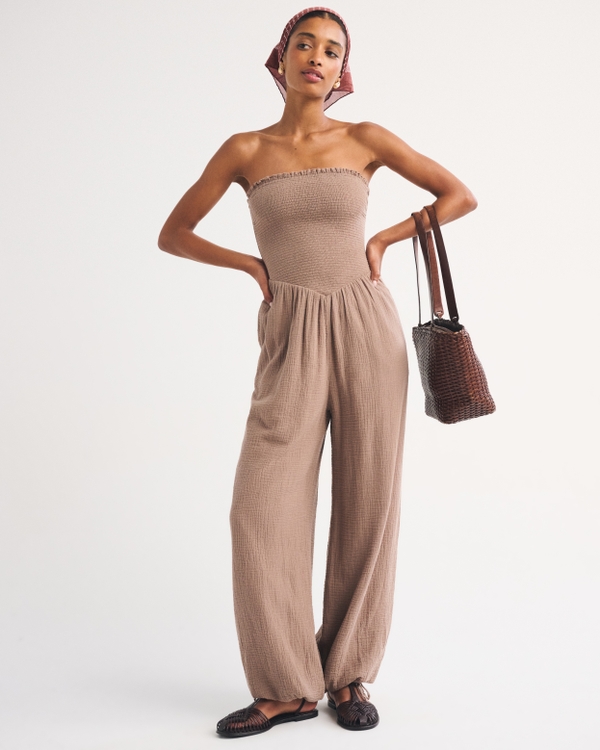 A&F Sydney Smocked Strapless Balloon Leg Jumpsuit, Smoky Brown view 1