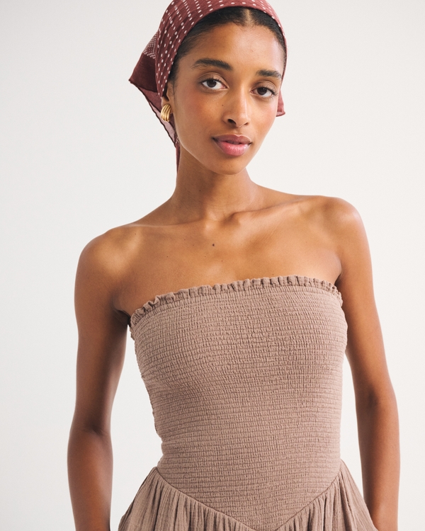 A&F Sydney Smocked Strapless Balloon Leg Jumpsuit, Smoky Brown view 2