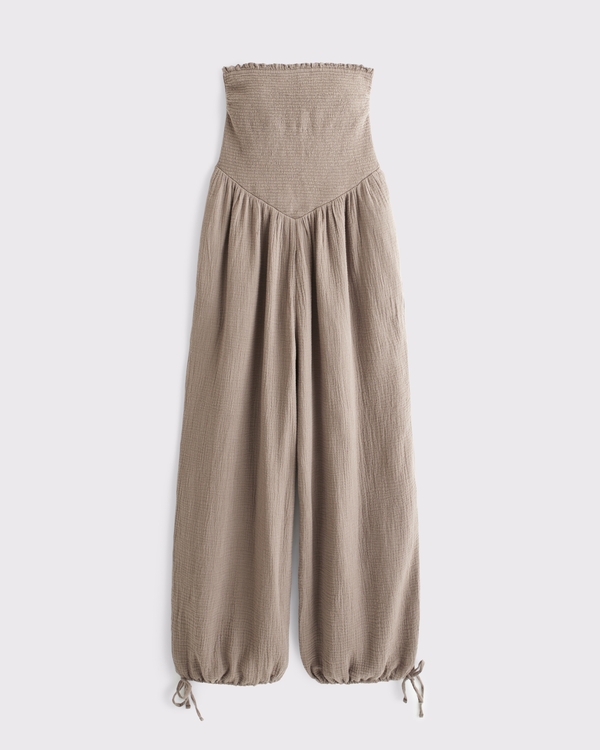 A&F Sydney Smocked Strapless Balloon Leg Jumpsuit, Smoky Brown view 1