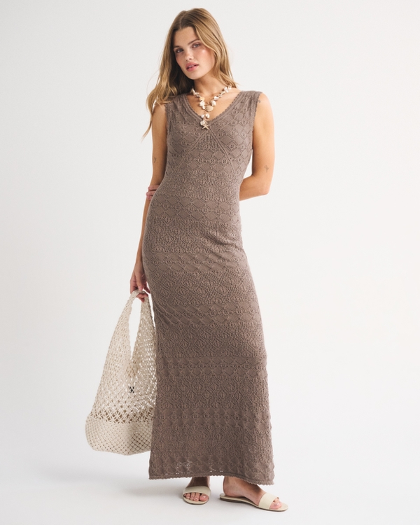 abercrombie brown maxi dress Women's Pointelle Maxi Dress in Smoky Brown | Size XL
