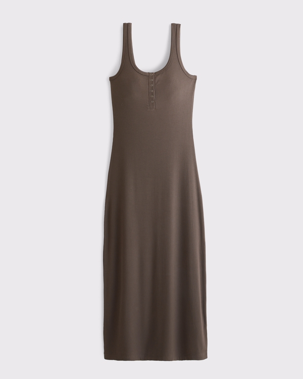 Scoopneck Button-Up Knit Midi Dress, Brown view 1