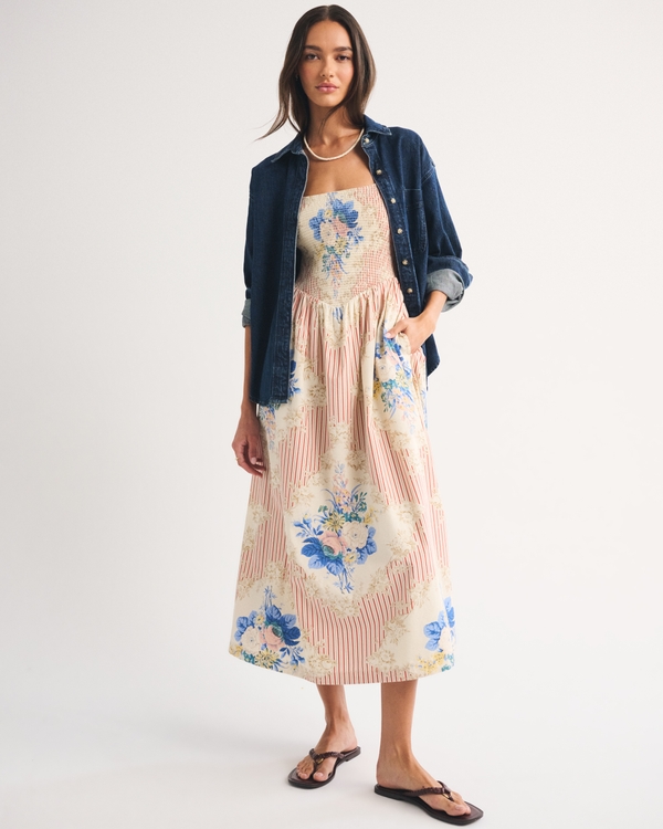 A&F Sydney Smocked Dipped-Waist Midi Dress, Red Stripe view 1