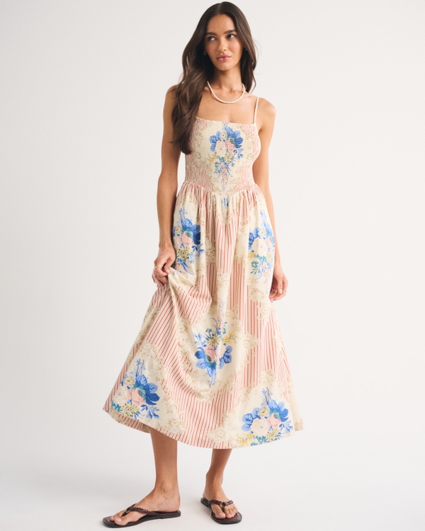 abercrombie smocked puff sleeve midi dress Abercrombie & Fitch Poplin Puff Sleeve Midi Dress Tiered Size Small