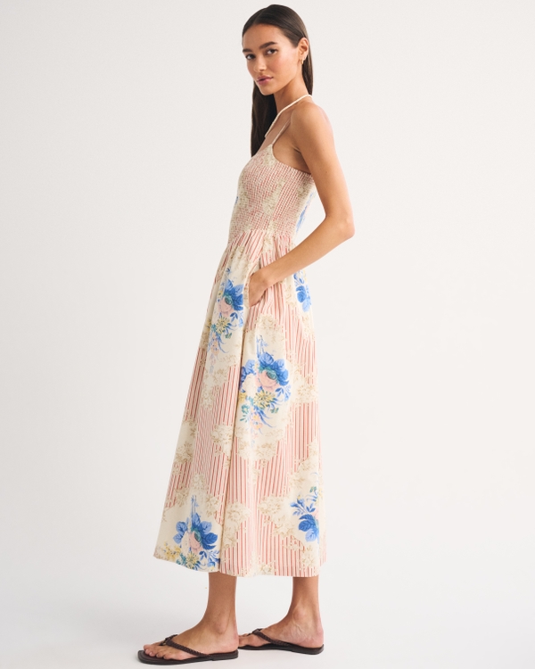 abercrombie dipped waist smocked midi dress Women's A&F Sydney Smocked Dipped-Waist Midi Dress in Red Stripe | Size XS