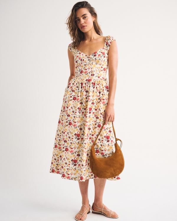 100% Cotton Bra-Free Cap Sleeve Dipped Waist Midi Dress, Cream Floral view 1