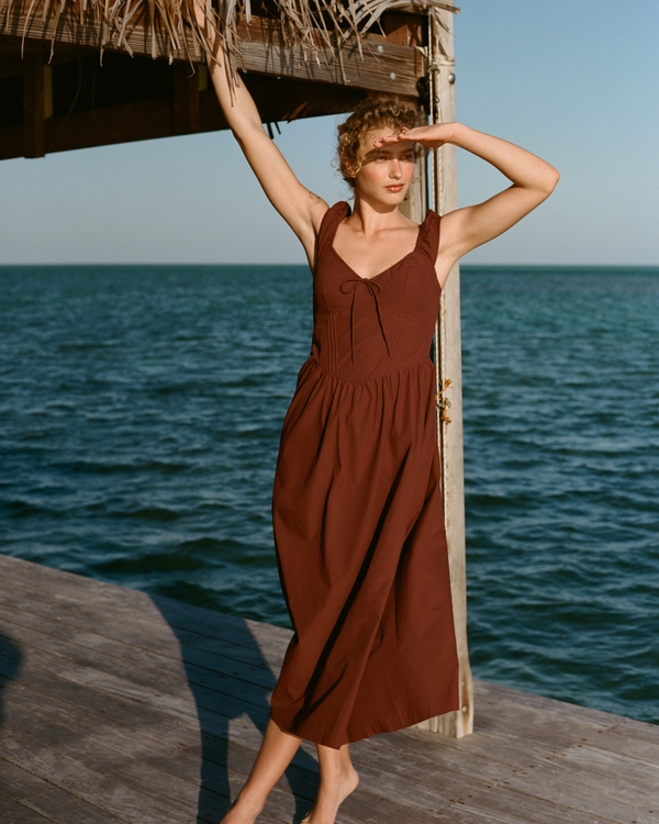 100% Cotton Bra-Free Cap Sleeve Dipped Waist Midi Dress, Port Red view 1