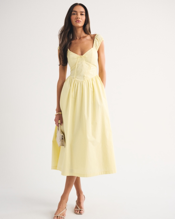 100% Cotton Bra-Free Cap Sleeve Dipped Waist Midi Dress, Pastel Yellow view 1