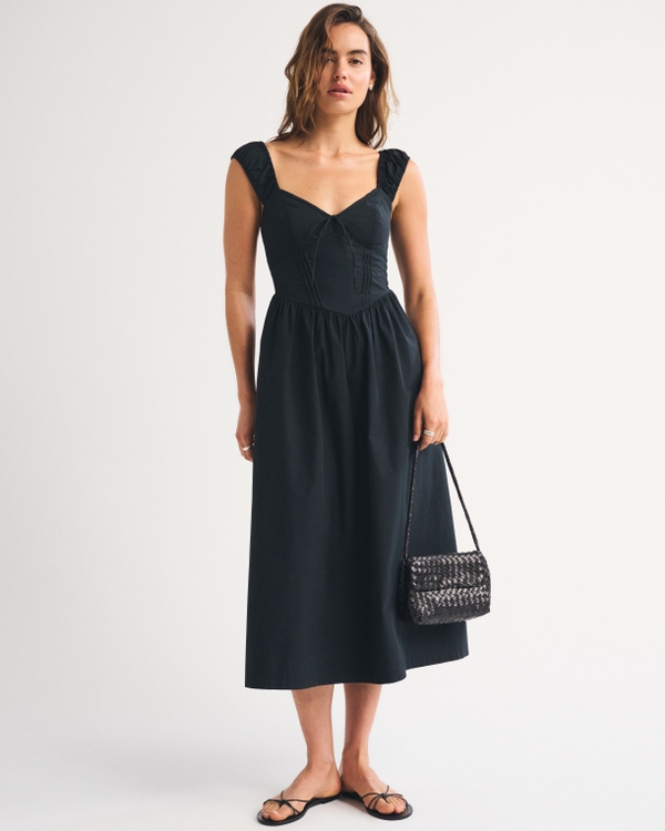 100% Cotton Bra-Free Cap Sleeve Dipped Waist Midi Dress, Black view 1