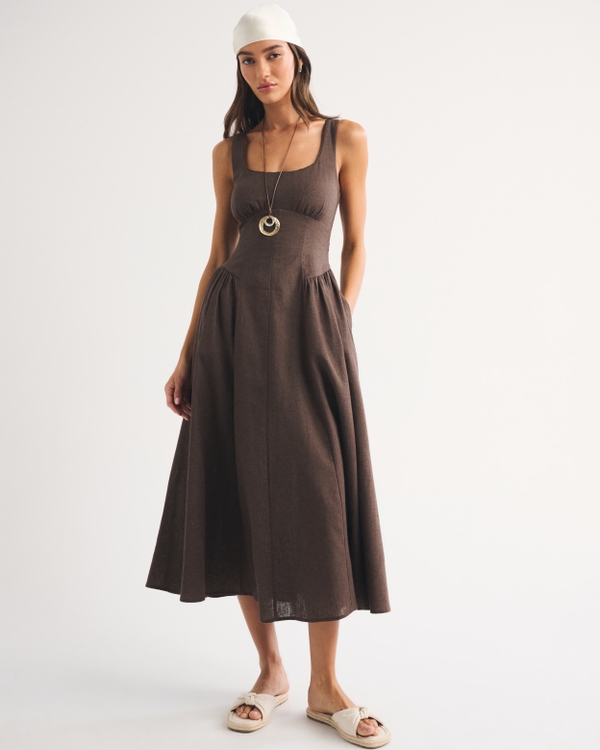 Linen-Blend A&F Bra-Free Dylan Midi Dress, Brown view 1