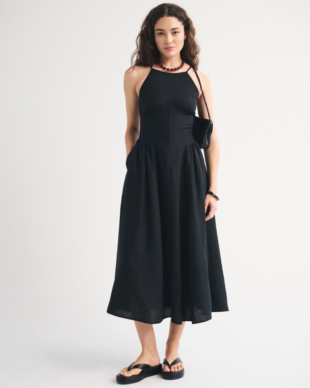 100% Linen A&F Dylan Halter Midi Dress