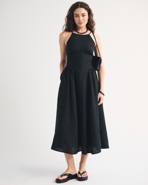100% Linen A&F Dylan Halter Midi Dress