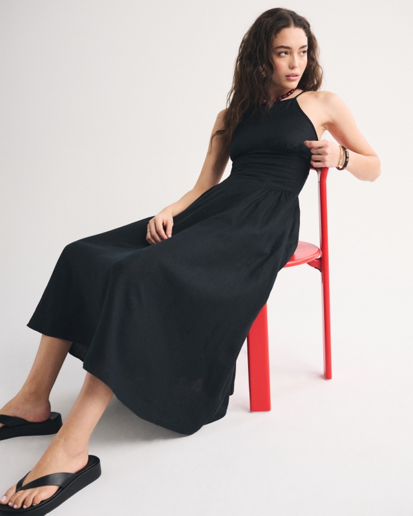 100% Linen A&F Dylan Halter Midi Dress, Black view 2